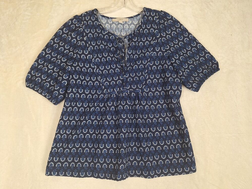 Loft Blue Floral Puff Short Sleeve Top Womens M Tie V Neck Textured Stretch